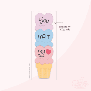 Clipart of a tall ice cream cone with a purple, blue and pink scoops of ice cream with You Melt My in black lettering and a red heart.
