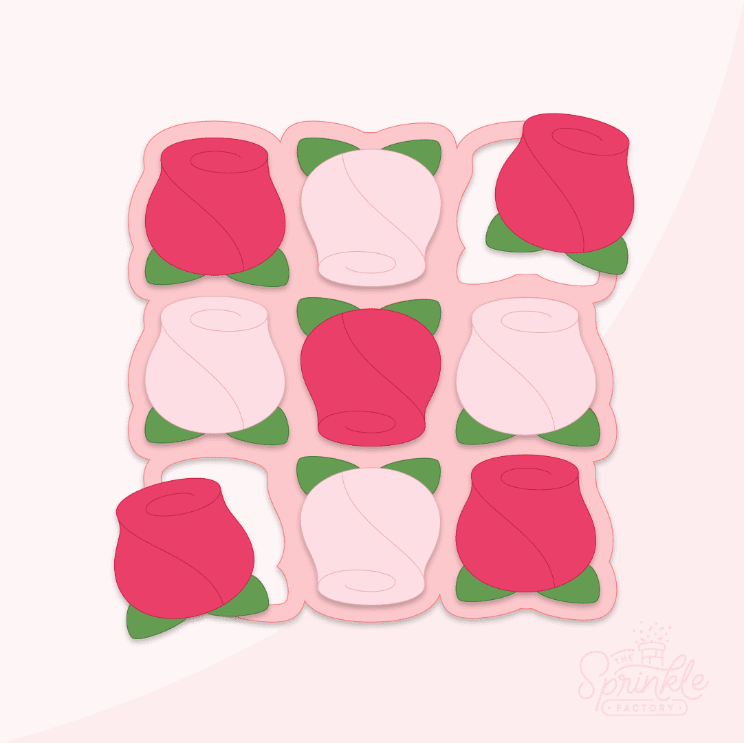 Clipart of pink and red roses tops with green leaves on top of a pink cookie cutter.