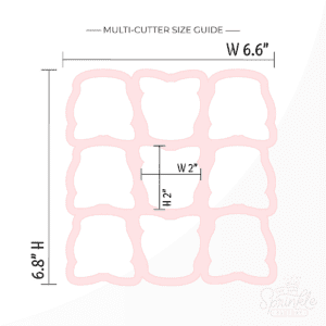 Clipart of a pink cookie cutter that cuts out 9 mini roses with size guide.