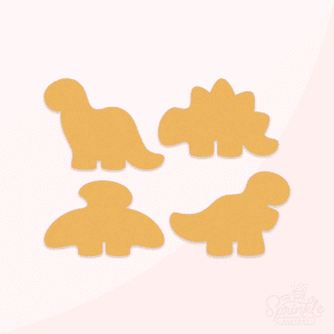 Digital image of 4 dino shaped golden chicken nuggets.
