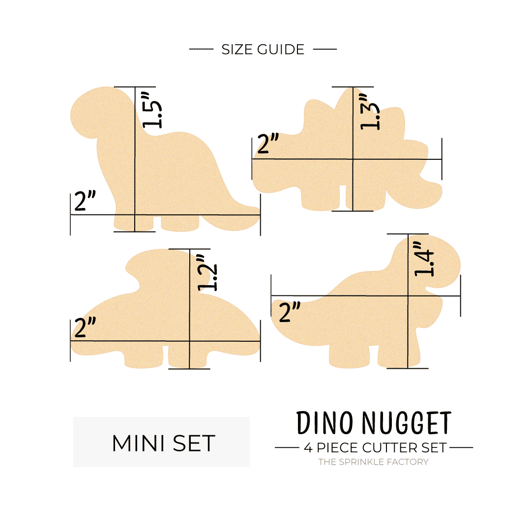 Digital image of 4 dino shaped golden chicken nuggets with size guide.