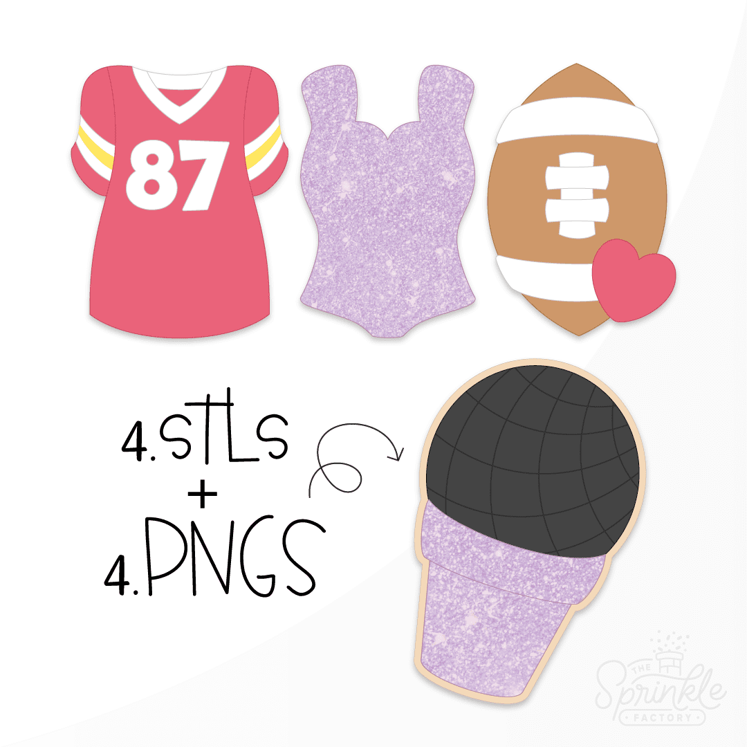 Digital image of a red football jersey with a white 87, a purple sparkly bodysuit, a brown football with white details and a red heart and a purple glitter microphone with black top.
