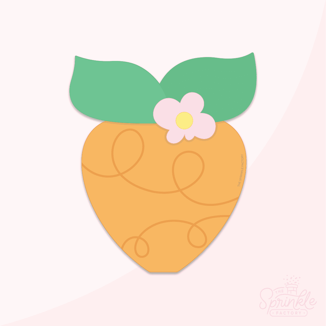 Clipart of an orange carrot with green tops and a pink flower.