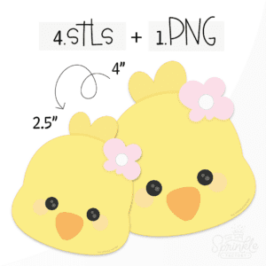 Clipart of a yellow chick head with an orange beak and pink flower on its head.