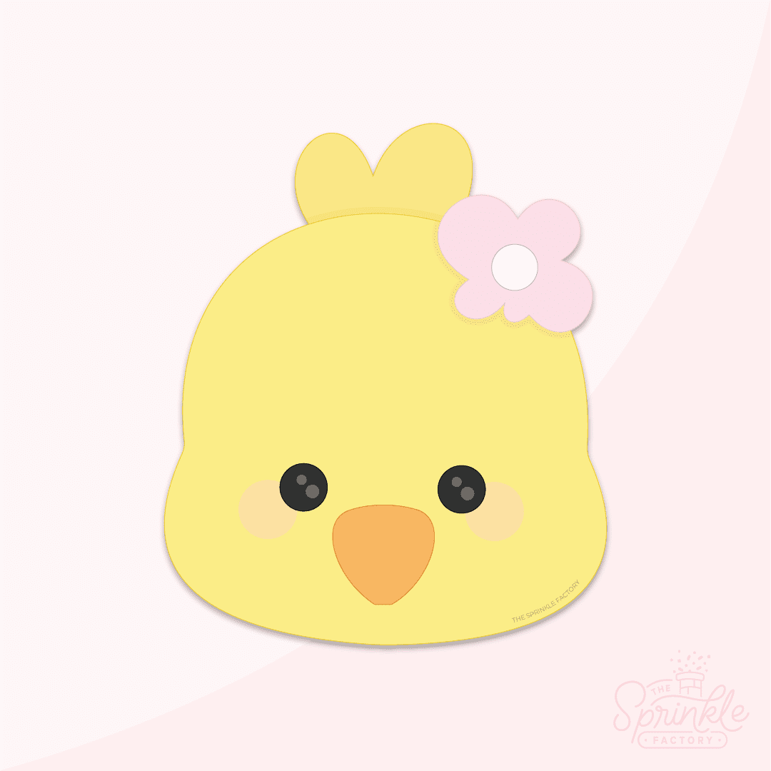 Clipart of a yellow chick head with an orange beak and pink flower on its head.