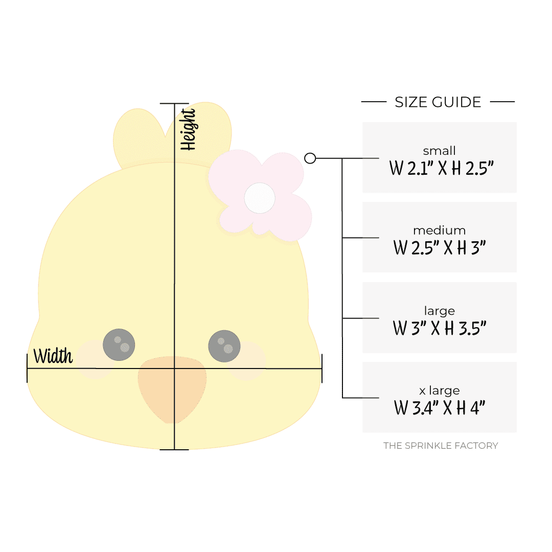 Clipart of a yellow chick head with an orange beak and pink flower on its head with size guide.