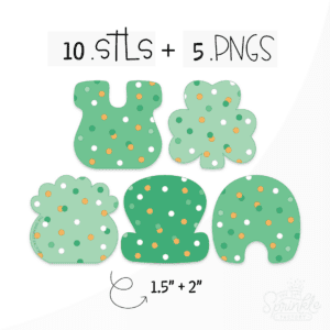 Clipart of green st patricks crackers with white green and gold sprinkles in the shapes of a horseshoe, clover, pot of gold, hat and rainbow.