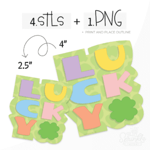 LUCKY capital letters in purple, yellow, blue, pink, orange and a green clover in front of an offset green background.