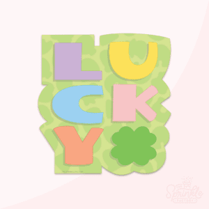 LUCKY capital letters in purple, yellow, blue, pink, orange and a green clover in front of an offset green background.