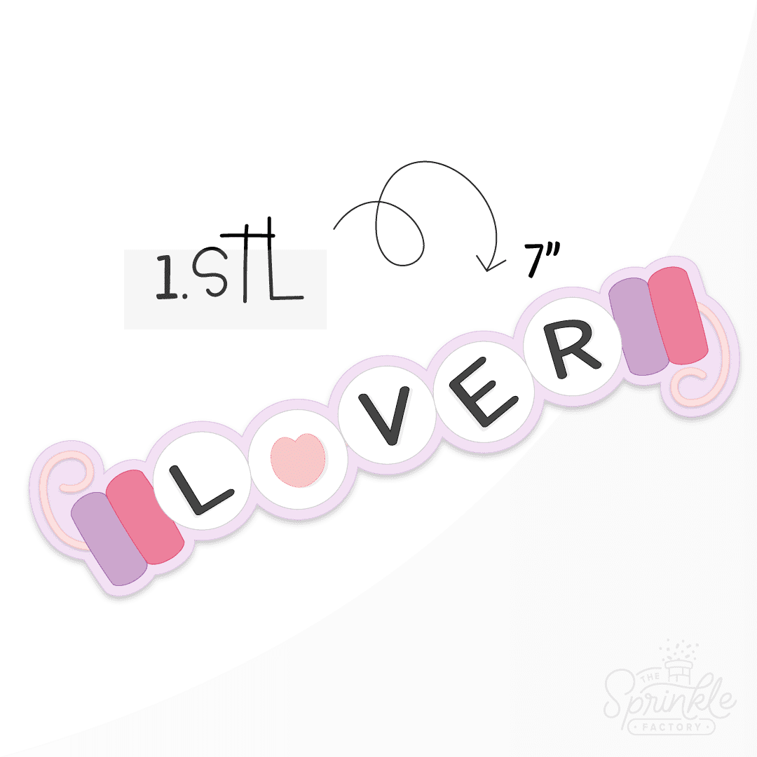 Digital image of a friend ship bracelet with a pink and purple bead on each end with white round beads that say LOVER in black letters with the O being a pink heart all on a purple string with offset pink background.