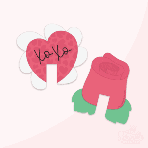 Digital image of a red heart with a ruffle and XOXO on it in black next to a red rose with green leaves both with cutouts so they can sit on a mug.