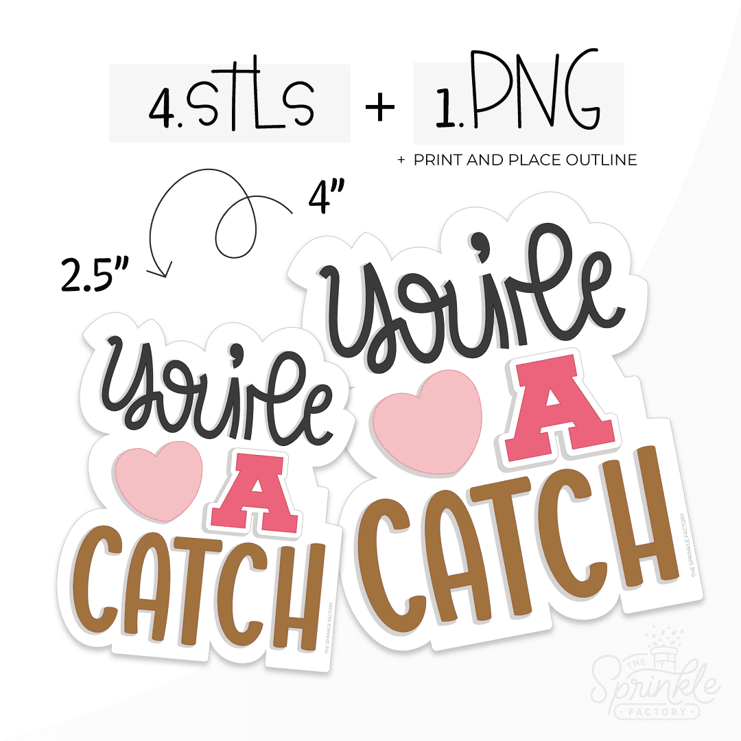 Digital image of stacked text that says You're in cursive black lettering above a pink heart and a red A above the word CATCH in brown.