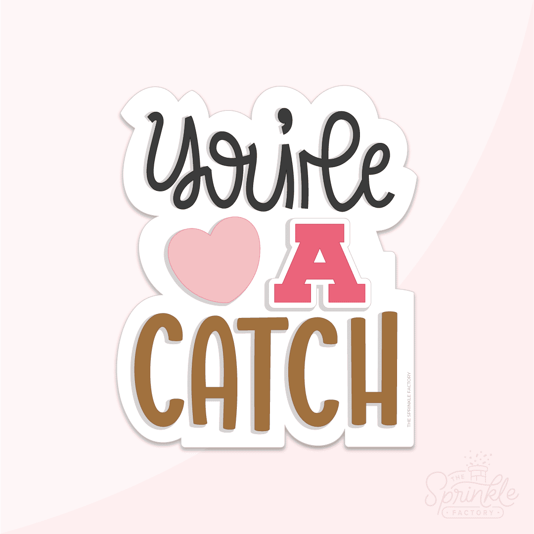 Digital image of stacked text that says You're in cursive black lettering above a pink heart and a red A above the word CATCH in brown.