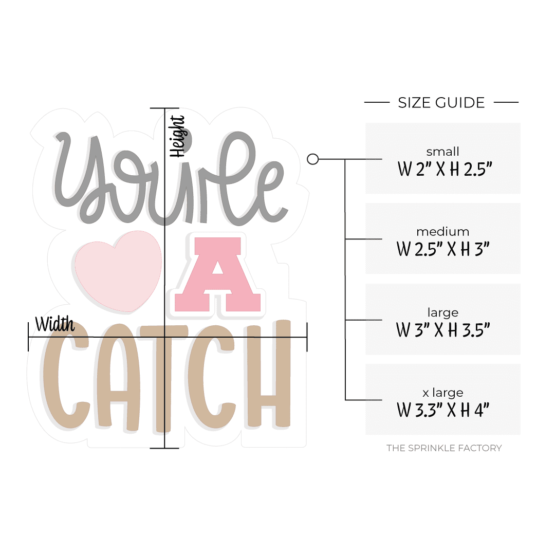 Digital image of stacked text that says You're in cursive black lettering above a pink heart and a red A above the word CATCH in brown with size guide.