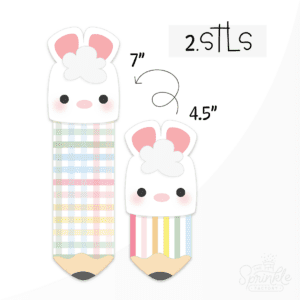 Clipart of a white bunny head on top of a pastel plaid and stripped pencil with size guide.