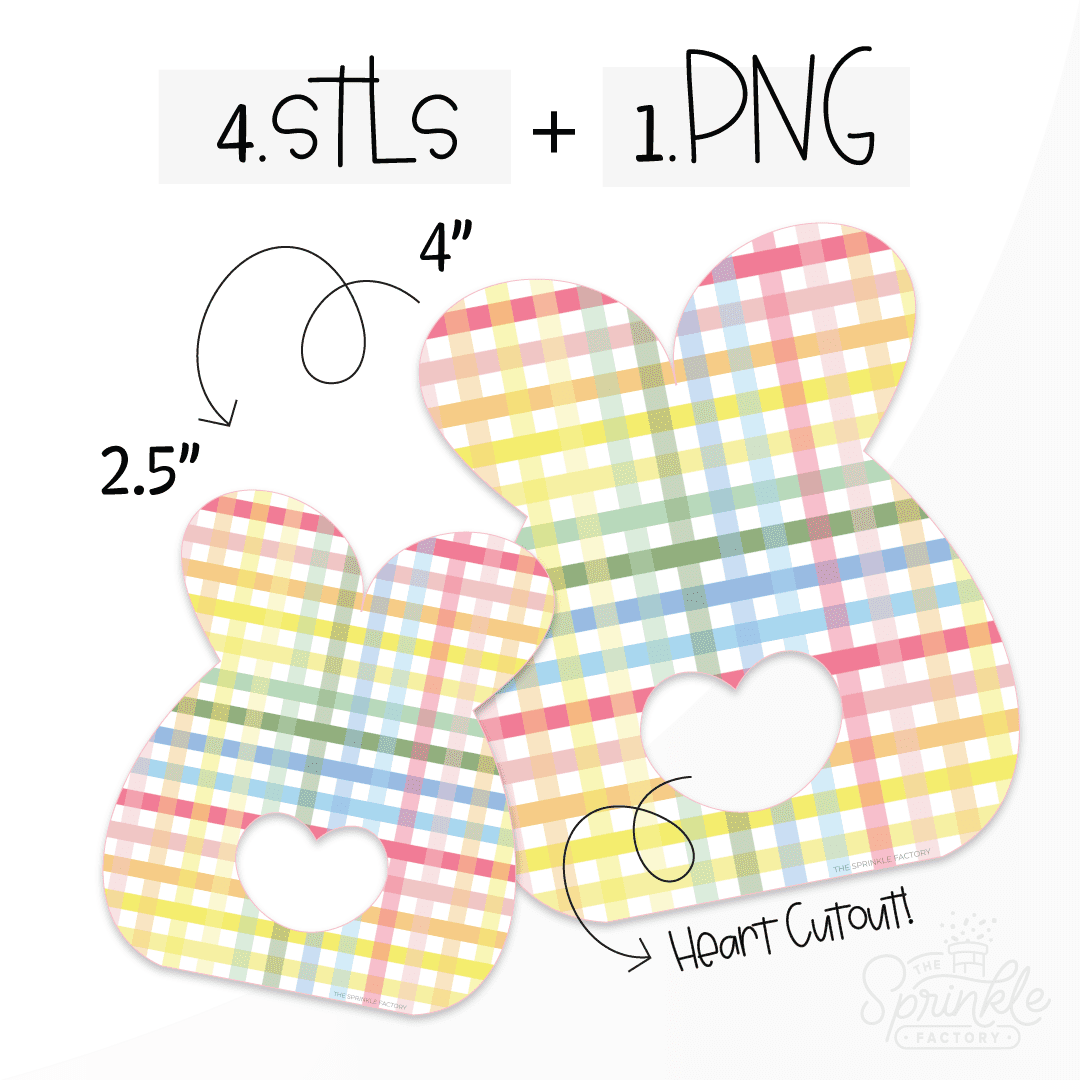 Clipart of the outline shape of a bunny with easter plaid and a heart cutout.