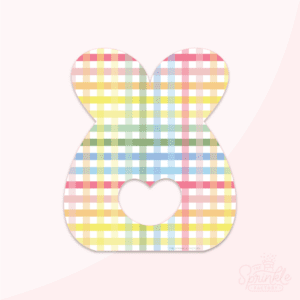 Clipart of the outline shape of a bunny with easter plaid and a heart cutout.