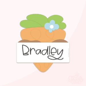 A digital image of a carrot with a name plaque on a pink background.