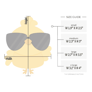 Clipart of a yellow chick with wings and orange feet wearing black sunglasses with size guide.