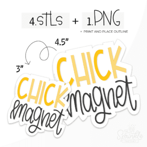 Clipart of the stacked words CHICK in yellow above cursive lettering magnet in black.