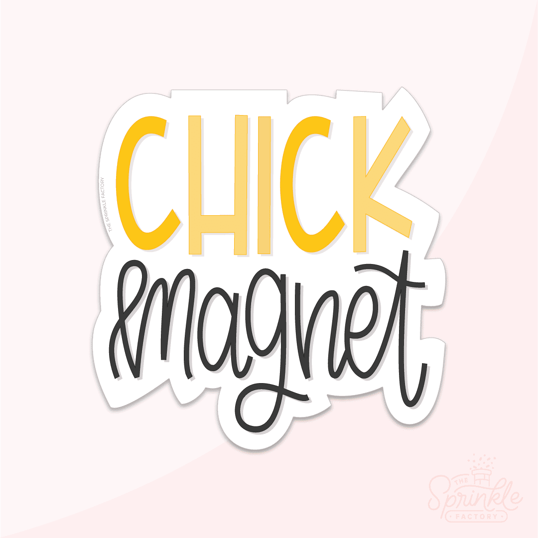 Clipart of the stacked words CHICK in yellow above cursive lettering magnet in black.