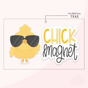 Clipart of a yellow chick with wings and orange feet wearing black sunglasses and Clipart of the stacked words CHICK in yellow above cursive lettering magnet in black.