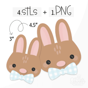 Clipart of a brown bunny face with ears standing up straight with pink middles, wearing a blue plaid bowtie.
