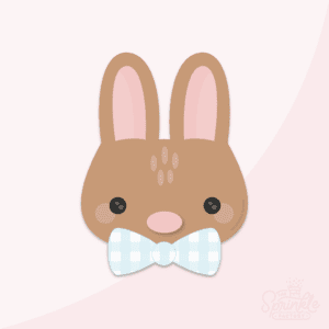 Clipart of a brown bunny face with ears standing up straight with pink middles, wearing a blue plaid bowtie.