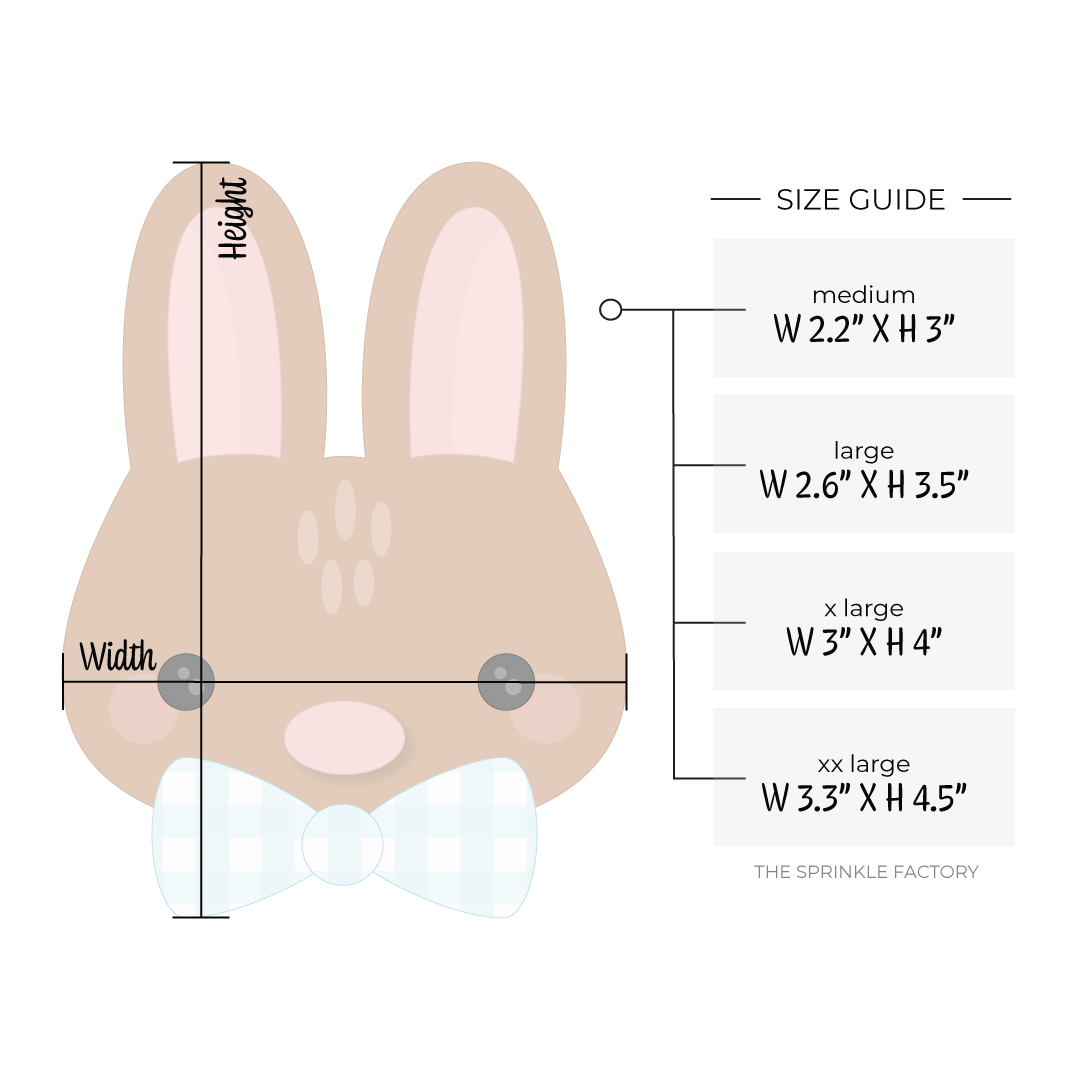 Clipart of a brown bunny face with ears standing up straight with pink middles, wearing a blue plaid bowtie and size guide.