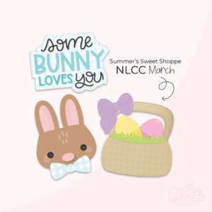 A graphic image of a bunny, easter basket and some bunny loves you above it on a pink background.