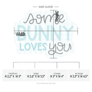 Clipart of text some in cursive black lettering above BUNNY in blue above LOVES in blue and you in cursive black lettering in front of an offset blue plaid background with size guide.