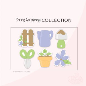 A graphic image of a garden fence, tall watering can, garden shovel, gardening shear, flower pot sprout and spring flower bloom on a pink background.