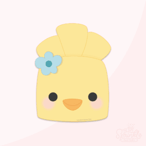 Clipart of a yellow chick head with an orange beak and blue flower on its head.