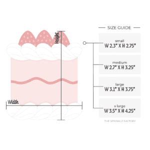 A graphic image of a strawberry cake on a white background with a size guide.