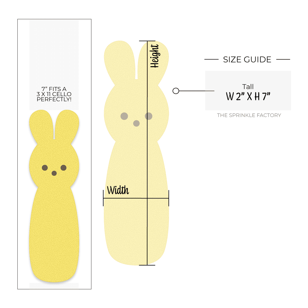 Clipart of a tall yellow marshmallow bunny with size guide.