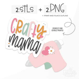 A graphic image of handwritten crafty mama with a pink hot glue gun below it on a white background.