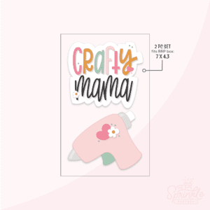 A graphic image of handwritten crafty mama with a pink hot glue gun below it on a pink background.