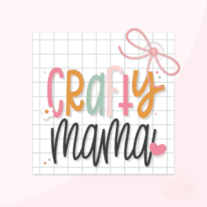 A graphic image of crafty mama on square grid on a pink background.