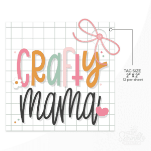 A graphic image of crafty mama on a white grid square background with a size guide.