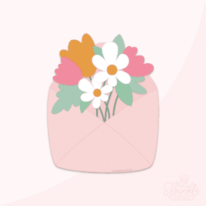 A digital image of a letter with a bouquet inside on a pink background.