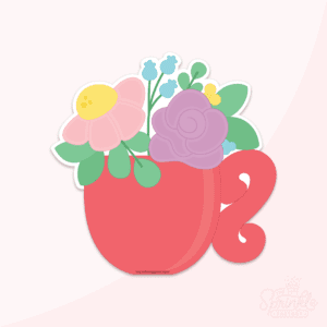 Digital image of a red tea cup with pink and purple flowers and greenery.