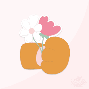 A graphic image of a dog paw holding flowers on a pink background.
