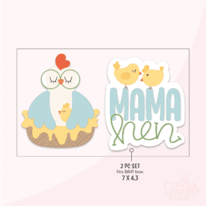 A digital image of a mama hen set with handwritten mama hen and chicks on top on a pink background.