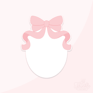 Graphic of a white oval shaped card with a pink bow in upper left corner