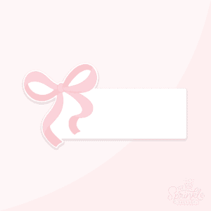 Graphic of a white rectangle shaped card with a pink bow in upper left corner