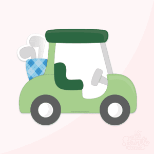 Digital image of a green golf cart with black wheels, a blue argyle golf bag and 2 clubs in the back.
