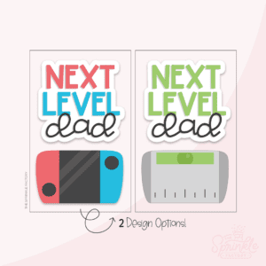 Graphic image of a video game console set, one console is red and blue while the other is grey and green and both have next level dad on top on a pink background.