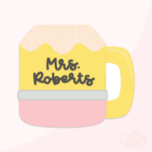 Clipart of a coffee cup shaped like a yellow school pencil with a pink bottom that looks like an eraser, with silver brim and yellow handle.