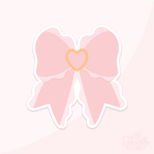 Graphic of pink ruffled bow with a gold heart shape in the middle