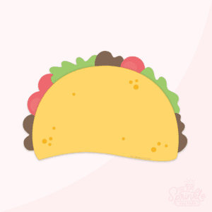 Digital image of a taco with brown meat, red tomatoes and lettuce in a golden colored hard shell